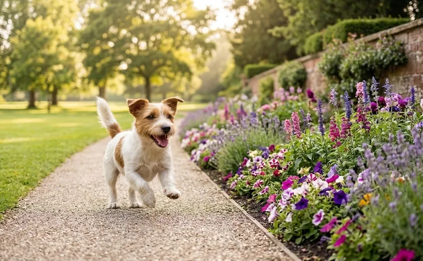 Happy wire-haired terrier running with left paw raised along a flower-lined gravel park path
